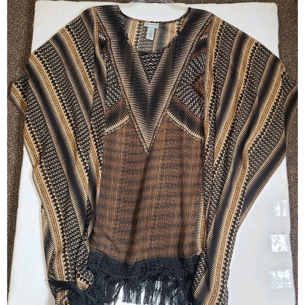 Catherine's 2XL/3XL Boho Brown Poncho Pullover Sweater With Fringe Women